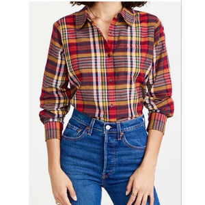 The Great Cottage Plaid Button Down Shirt Sz 2 Red Yellow Navy Boxy